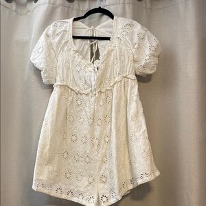 Pilcro Cream Smocked Puff Sleeve Jumpsuit